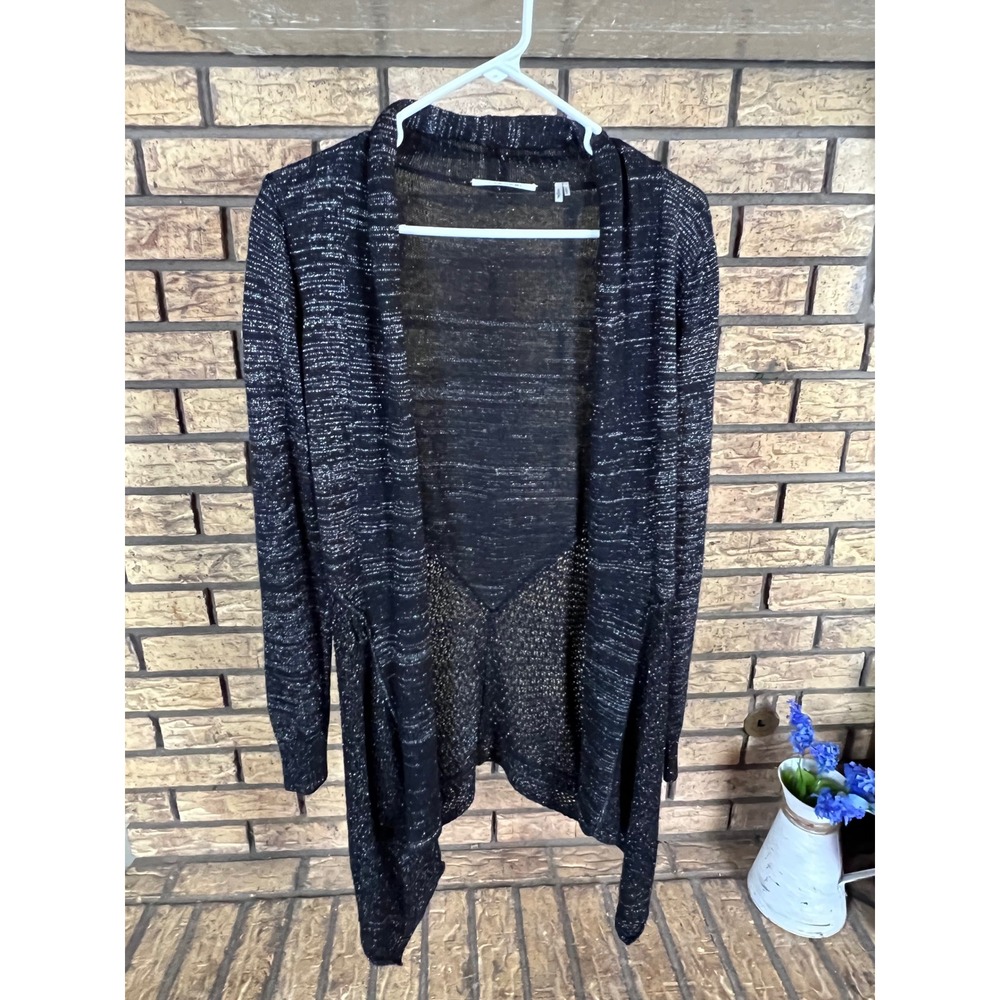 Tahari Cardigan Small Black Silver Metallic Knit Open Front Lightweight